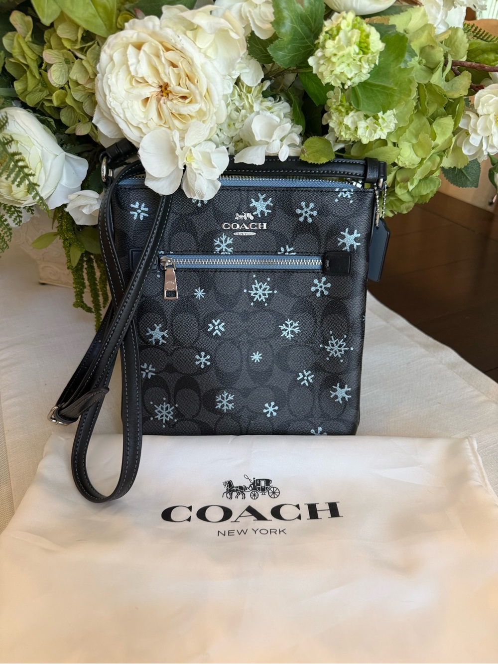 Coach Black Crossbody with Light Blue Snowflake Print